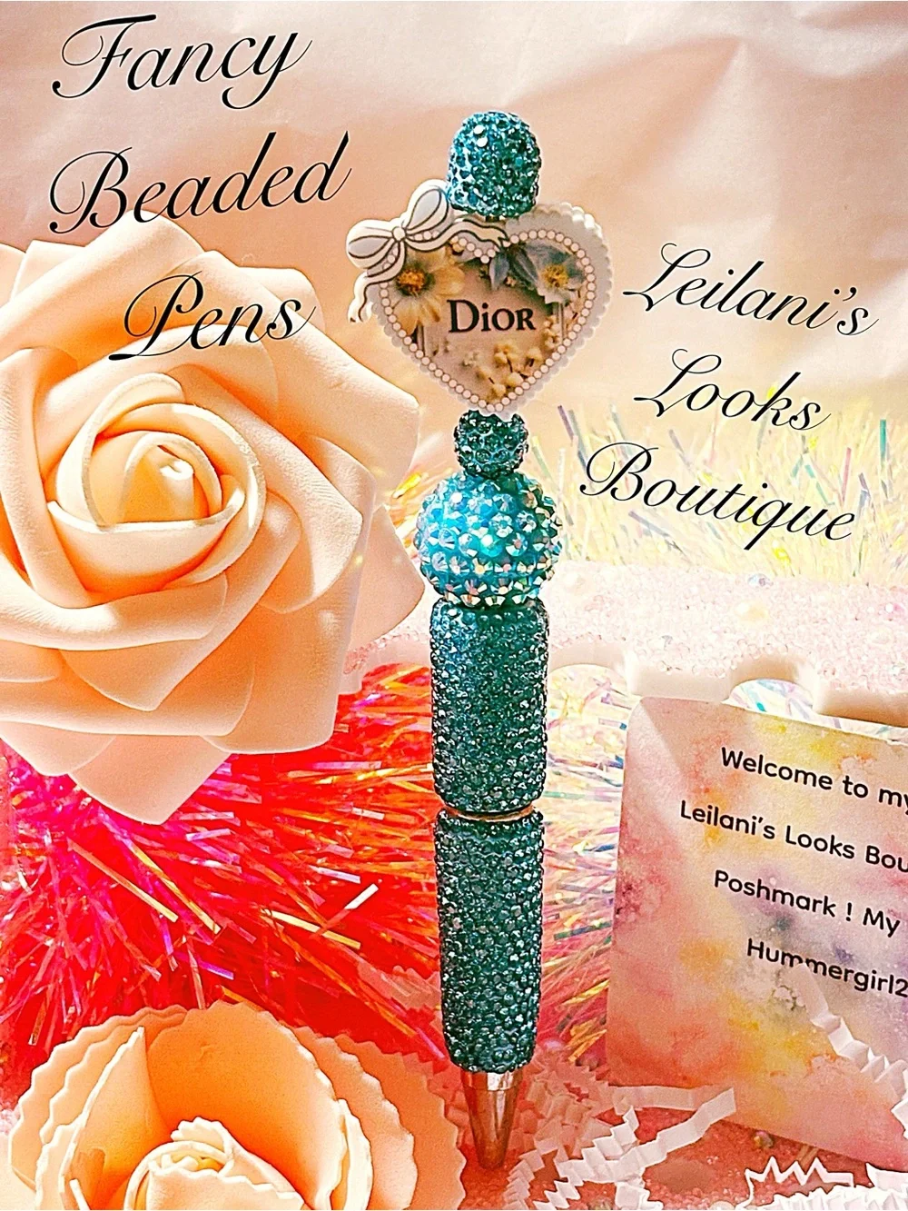 Fancy beaded Pen/gifts/turquoise heart/bow/girly